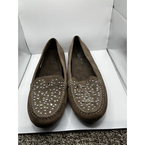 Vionic Athens Shoes Womens 9.5 Tan Suede Loafers Studded Slip On Comfort - Picture 3 of 6